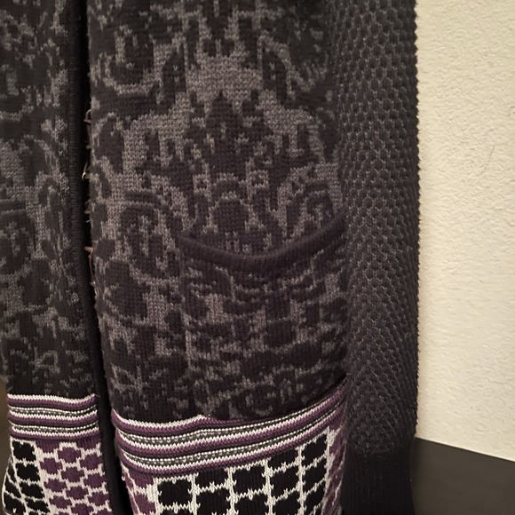 Y2K Open Front Cardigan Black Grey Purple Print Sz M Pockets Ribbed Collar Cozy - Picture 2 of 9